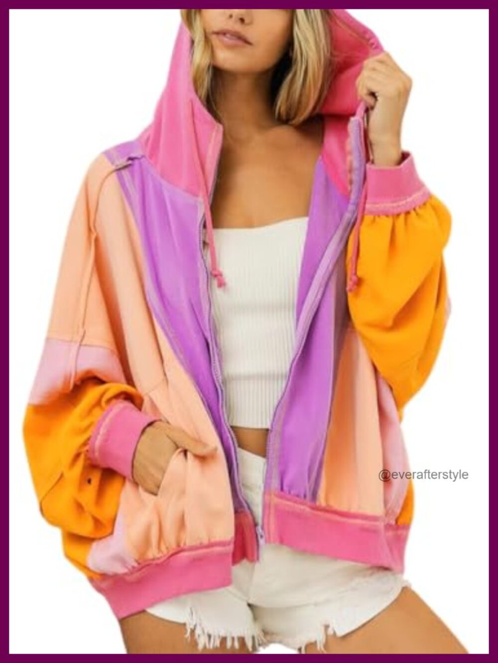 Women's Oversized Zip Up Hoodie Color Block Sweatshirt Jacket with Pockets